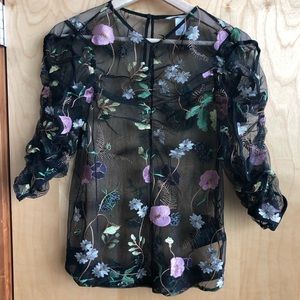 H&M sheer mesh floral embroidered top